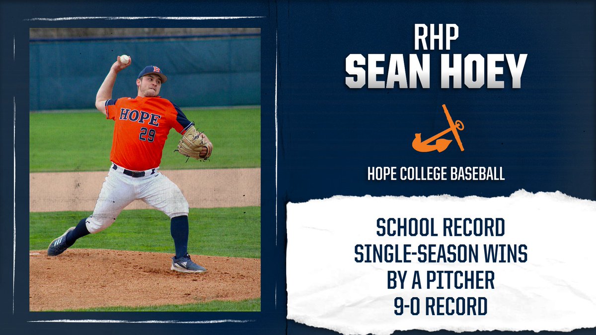 HopeAthletics's tweet photo. With his ninth win this season, right-hander Sean Hoey set a @HopeCollegeBSB single-season record for victories in a season by a Flying Dutchmen pitcher this afternoon. The senior education major is 9-0 on the mound. #BeStrongBeTrue #d3baseball https://t.co/e4MOCAdLkw