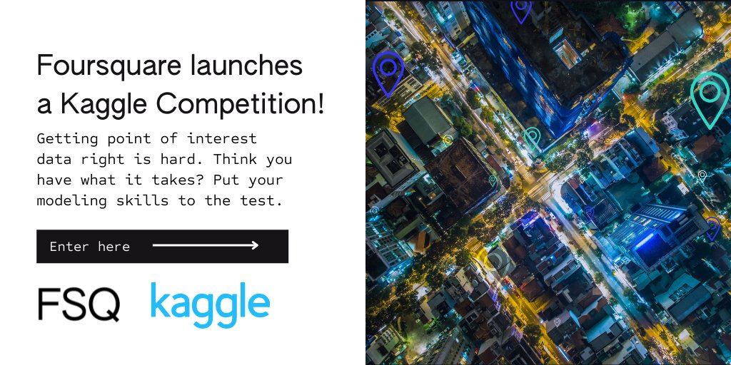 Foursquare's tweet photo. Join the 421 teams participating in our @kaggle competition matching point of interest data across datasets! Learn more here: https://t.co/5rjryuR1s1 https://t.co/6ro4B1LCl8