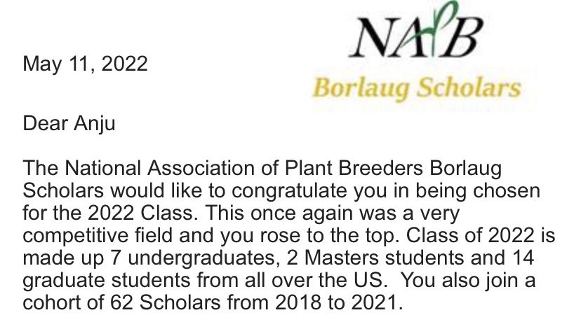 anju_biswas's tweet photo. I am so happy to share this!!! I was waiting for this award for last three years. This is my second email from Dr. Allen! I got another email from him for diversity award back in 2017. π
#NAPB #BorlaugScholar #PatienceWorks #PlantBreeding https://t.co/zHD7jo6Gtx
