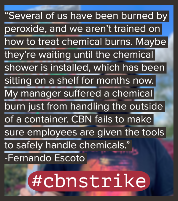 ufcw555's tweet photo. “Several of us have been burned by peroxide, and we aren’t trained on how to treat chemical burns. Maybe they’re waiting until the chemical shower is installed, which has been sitting on a shelf for months now...  1/3
#CBNStrike https://t.co/rntV4tpuNw
