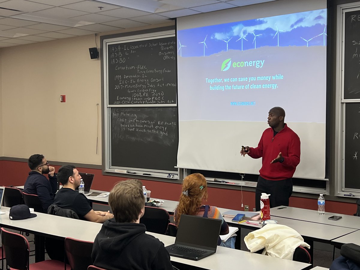 FinanceDePaul's tweet photo. Professor Conway's Renewable Energy Finance class was fortunate to have Elhajamin Young, CEO of Econergy, LLC as a guest speaker last week. Mr. Young taught the class about how schools across the midwest are developing on-site solar power. https://t.co/rDxS3nW2ty