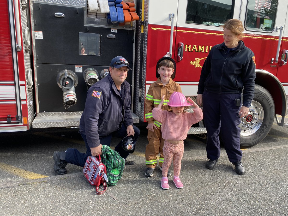 ShediacC's tweet photo. Thank you to Hamilton Fire Department for donating a ride to school at the FOW Holiday Boutique!Firefighters Bob and Kristine delivered one of our Winthrop students (and his little sister) to school this morning, in full Firefighter uniform! @WinthropEagle @hw_schools https://t.co/P7vM55OzQy