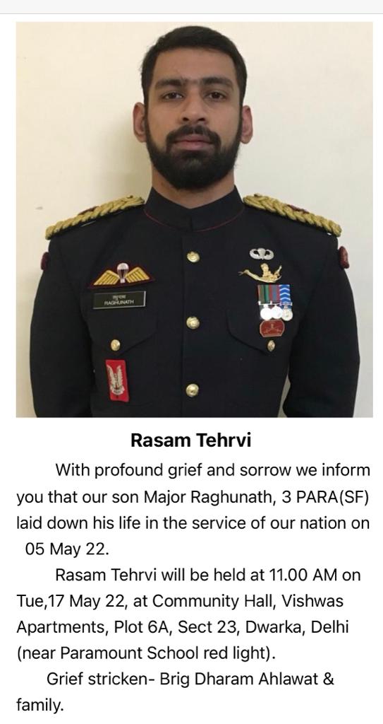 SandyAhlawat89's tweet photo. Delhiites,

Pl pay rich tributes to the departed warrior
Visit the community hall, pray for the departed soul and leave...
Do say Thank you for your service to Brig Dharam Ahlawat.. it's a 4th generation Army family, His 34 year old son has laid down his life in the line of duty. https://t.co/nsv3pKlXOn