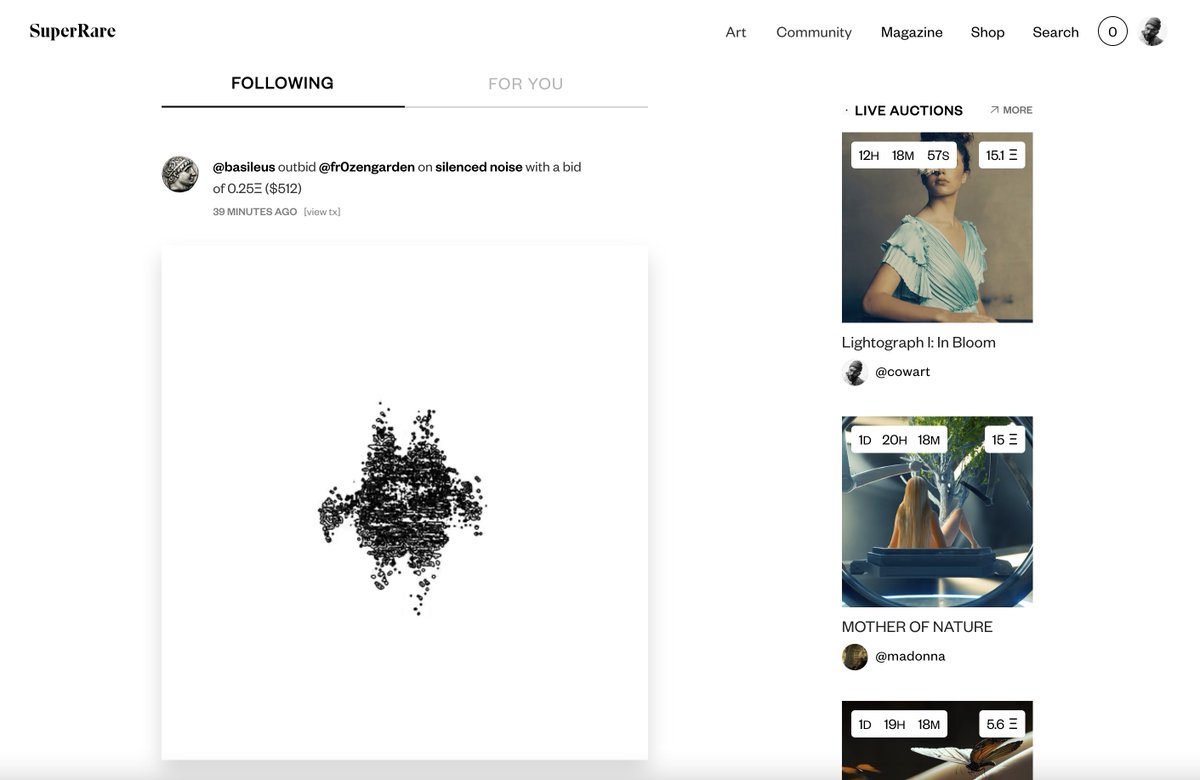 Ummmm… just checked @superrare’s homepage and there is my daughter’s auction sitting .1 eth above @MADONNA and <a href="/beeple/">beeple</a>. What is life right now?!?