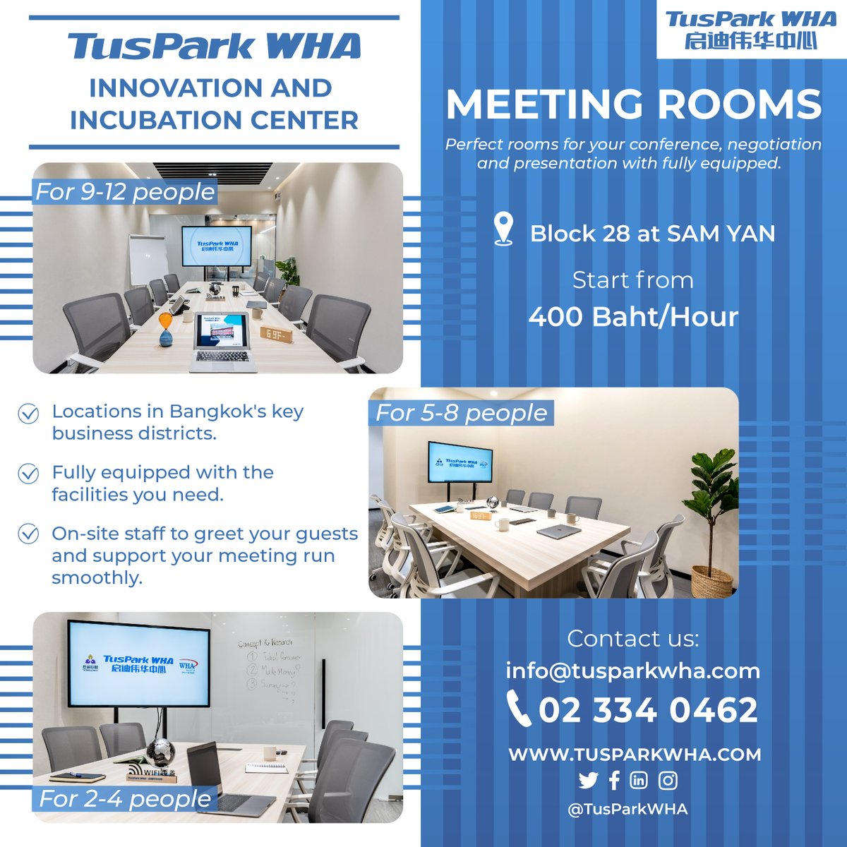 TusparkWHA's tweet photo. 🚀TusPark WHA provides meeting rooms for a wide range of business needs, start from 400 Baht/hour
✨W/ fully meeting equipment and administrative support 
👉Contact us: 02 334 0462
info@tusparkwha.com
more info:
https://t.co/jAQqFG79Kz
#TusParkWHA #officeforrentbkk #ออฟฟิศให้เช่า https://t.co/pbRpq9QlHa