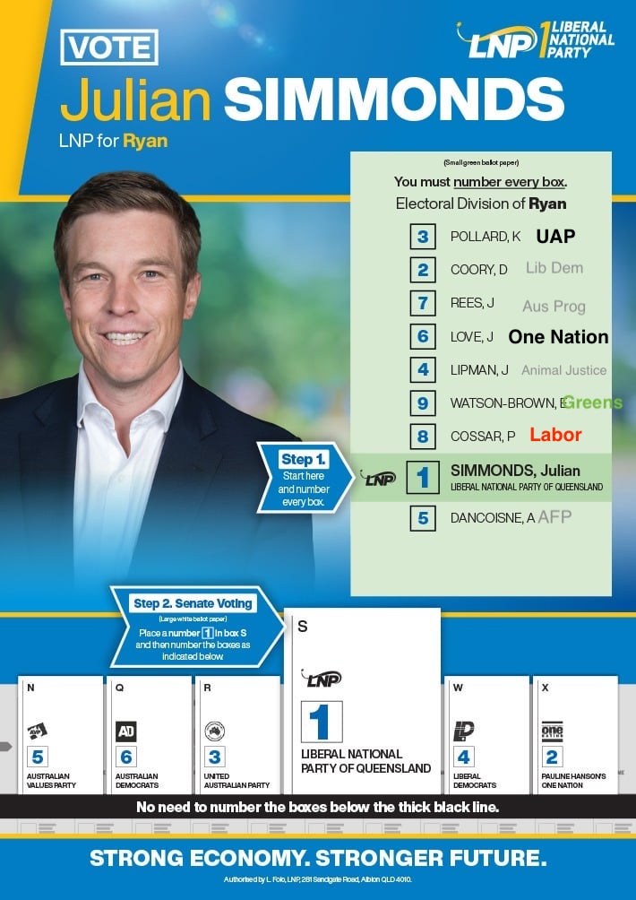 sbphoto's tweet photo. #juliansimmonds (#LNP #Ryan Qld) is preferencing Palmer's UAP and Hanson's One Nation over Labor and Greens. What's the deal Julian? Desperate, pathetic. He's in trouble. #auspol #ausvotes https://t.co/8D8frza7er