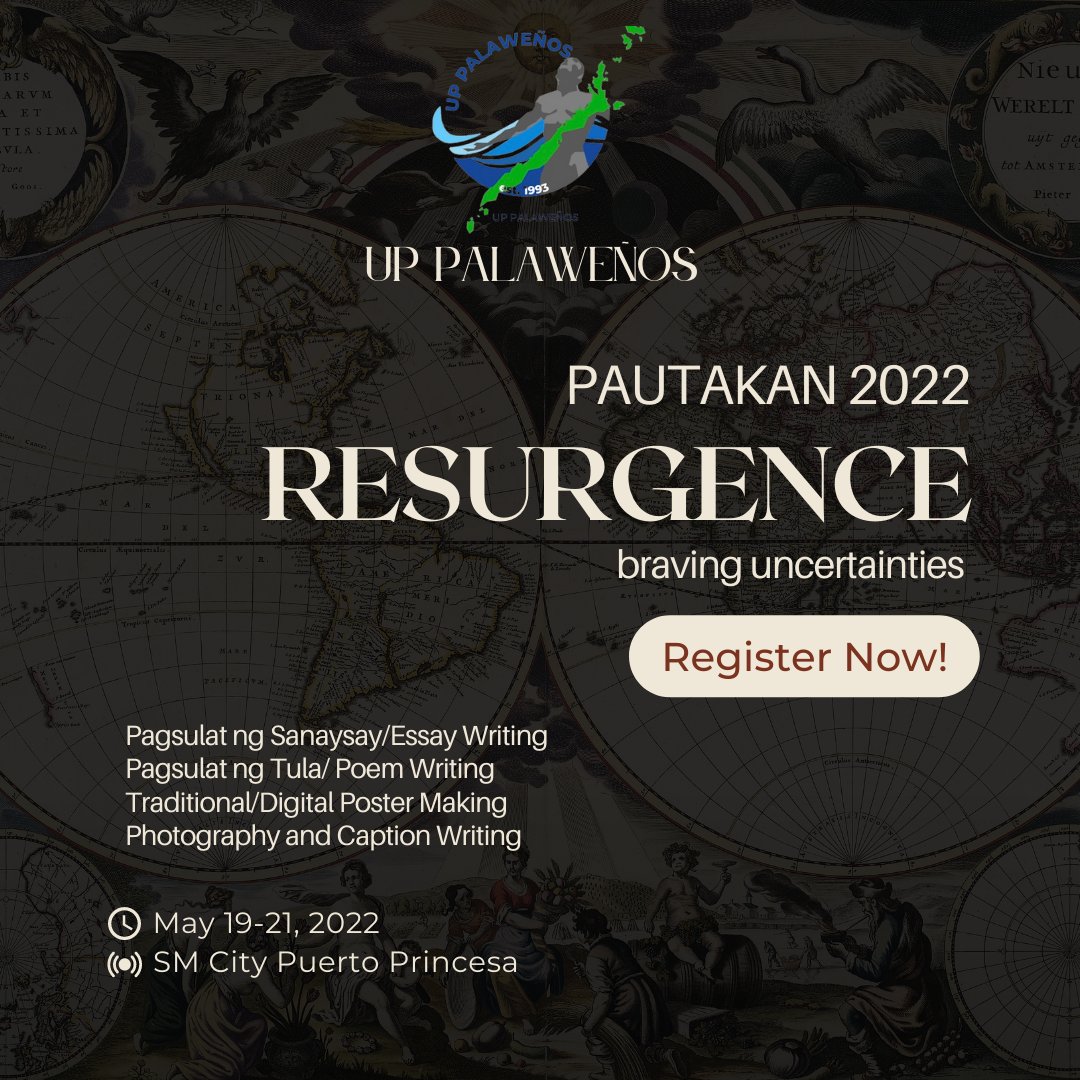 PNS_SSG's tweet photo. ⚠️Ipakita ang tunay na galing at talino ng isang PNSian!

Join the UP Palaweños Pautakan 2022: RESURGENCE, on May 19-21, 2022.

For more information, visit their official Facebook page: https://t.co/GFT5HJAzov

REGISTER HERE: https://t.co/LAOAyAwCjE

#SulongPNSians https://t.co/80Vn4f2txy
