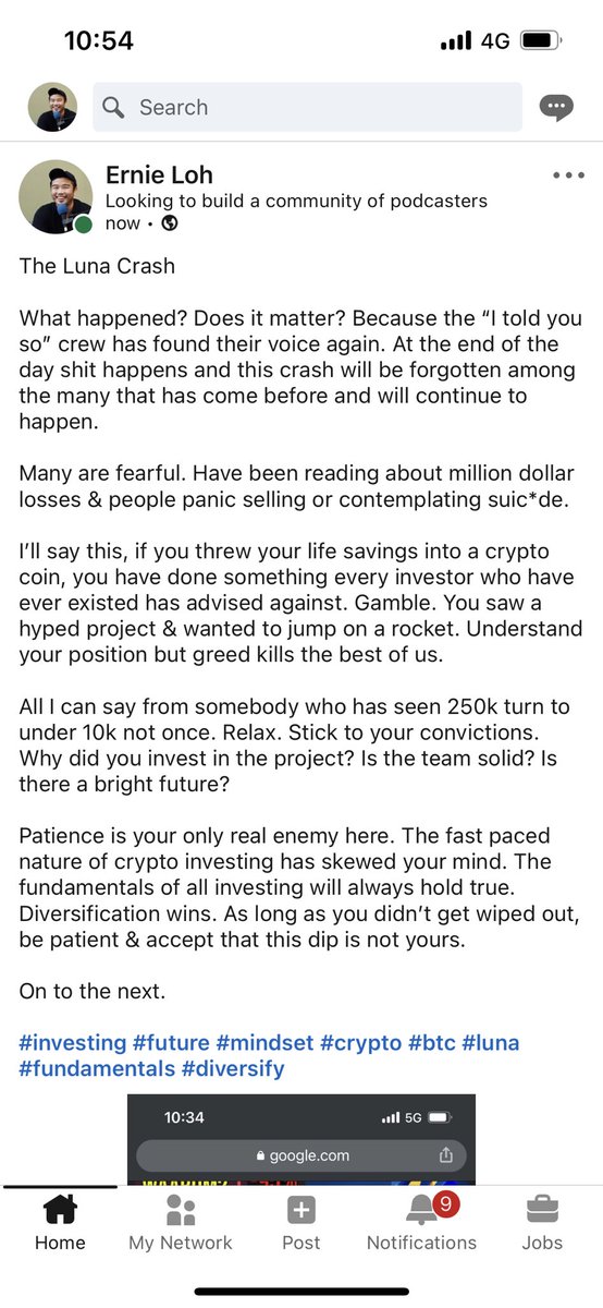 My thoughts on the #LUNA crash. 

If you didn’t get wiped out, be patient. Accept that this dip is not your moment to make profits &amp; move on/wait for the next. Don’t panic sell, etc. Learn to diversify. Learn to wait. #investing #crypto #btc #altcoins