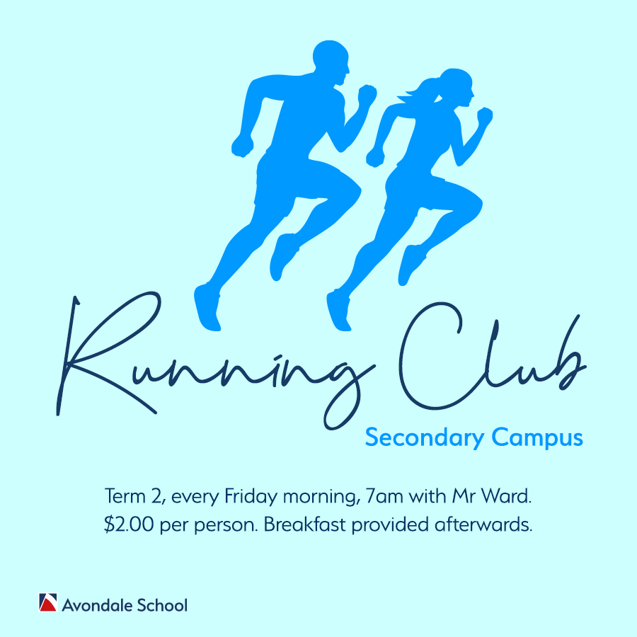 avondaleschool's tweet photo. Secondary students are invited to join Running Club with Mr Ward, taking place each Friday morning during Term 2, leaving at 7am from the MPC. Just $2 per person, with breakfast included. #avondaleschool #reallearningforreallife #runningclub #secondarycampus #twentytwo https://t.co/Y4qBfVce1v
