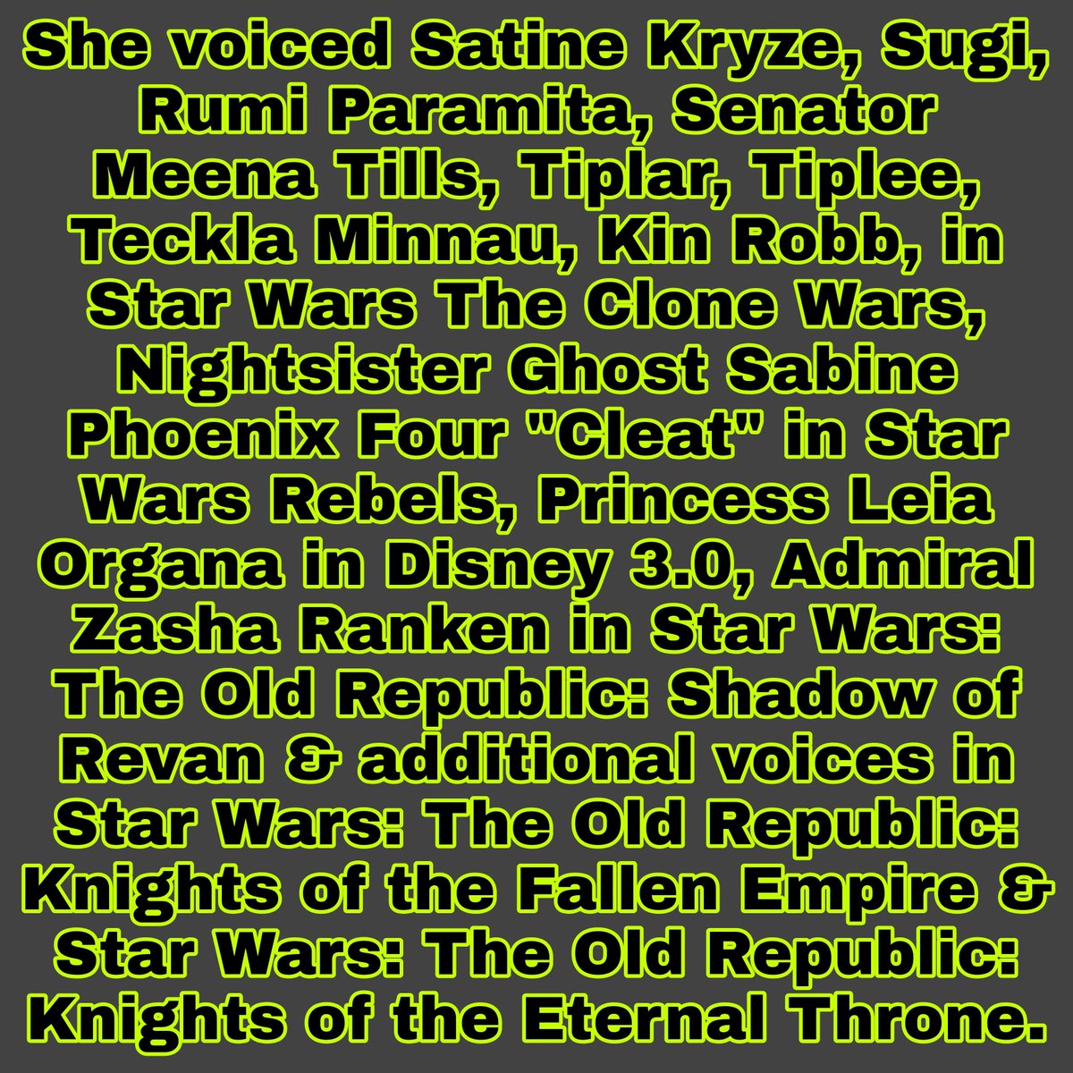 MrSamuelAllen's tweet photo. Happy 44th Birthday to @gravyvoice, she voiced Duchess Satine Kryze, characters in #StarWarsTheCloneWars, #StarWarsRebels, Princess Leia in #Disney3.0 & characters in #StarWarsTheOldRepublic games. Follow her also Instagram https://t.co/YGcVaX1jtq. May she have a good one. https://t.co/PGDdDgiVrI