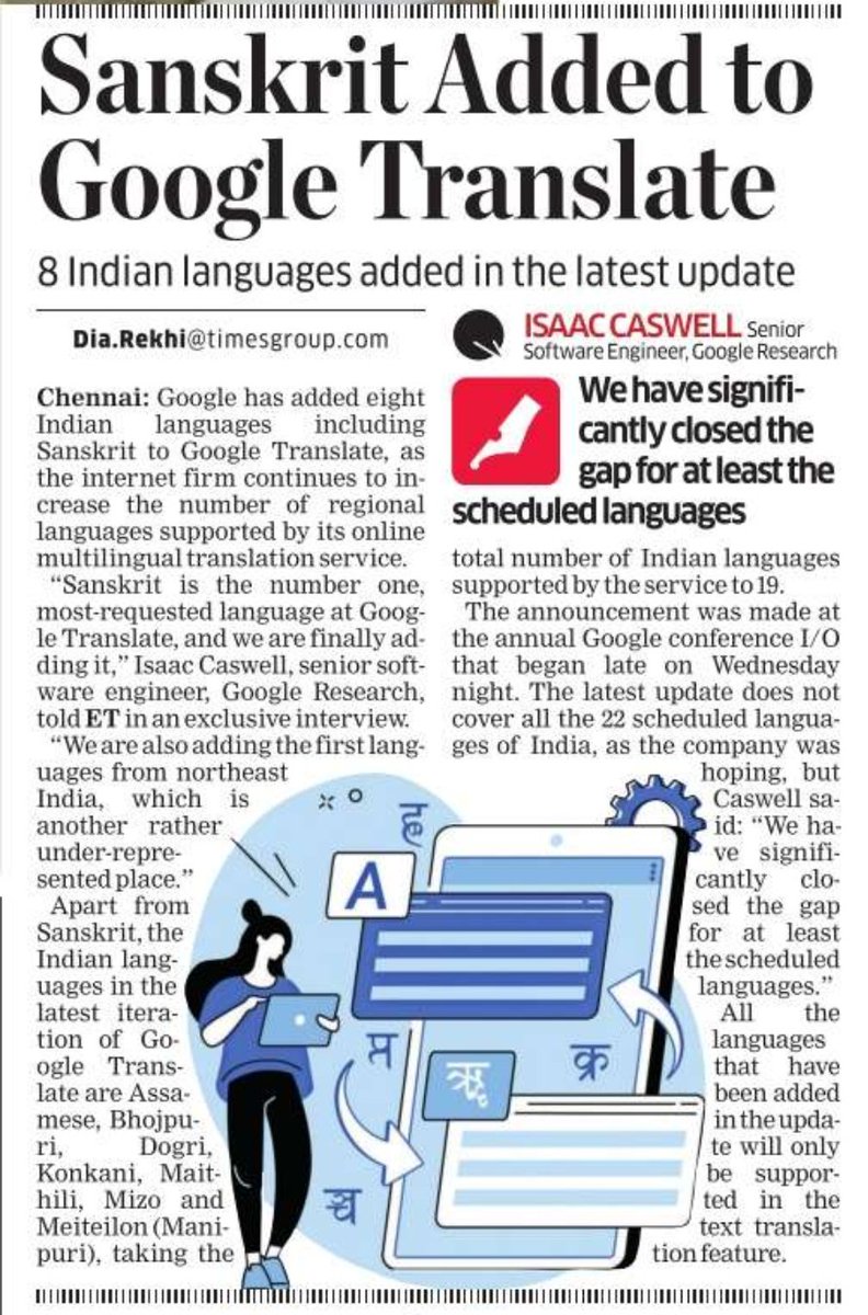 "Sanskrit is the number one, most-requested language at Google Translate and we are finally adding it" says Google Research.

Courtesy: The Economic Times <a href="/EconomicTimes/">Economic Times</a>