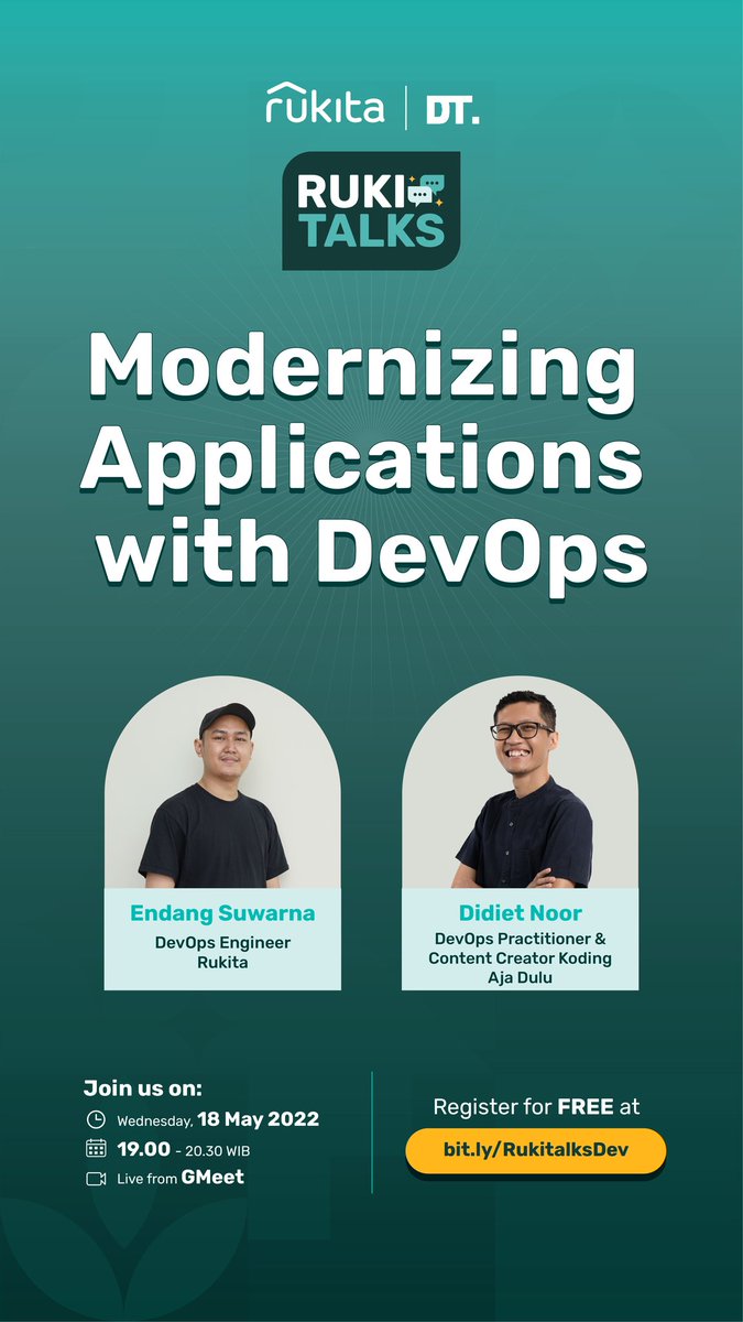 RukiTalks menghadirkan pembicara dari bidang Product &amp; Tech untuk berbagi wawasan, inspirasi, dan skills terkini.

Daftarkan diri kamu sekarang, Gratis dan kuota terbatas!
 Klik link bit.ly/RukitalksDev untuk daftar yaa teman-teman 😉