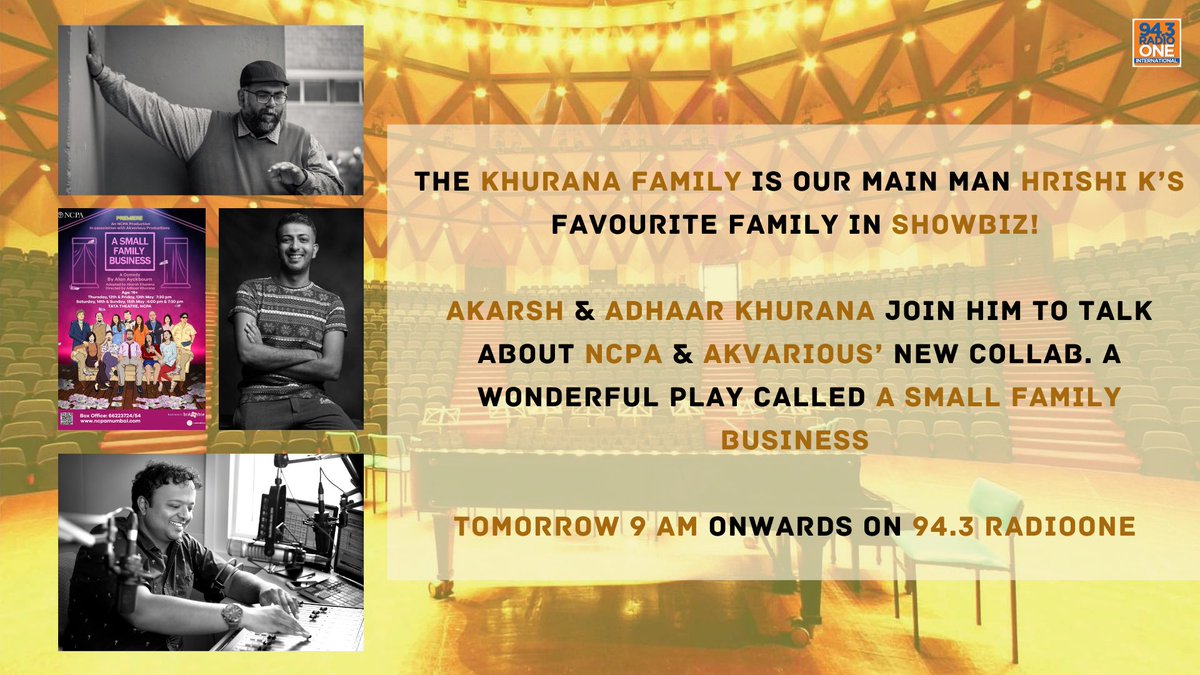 HrishiKay's tweet photo. To take a #Thatcher era play &amp; adapt it to the indian context &amp; mileu-the results could be juicy because of the parties involved! @NCPAMumbai &amp; #AKvarious bring us #ASmallFamilyBusiness .It opens today at #TataTheatre . @MrAkvarious &amp; @adhaar88 are onair with me now @943RadioOne https://t.co/24BfZT5NgA