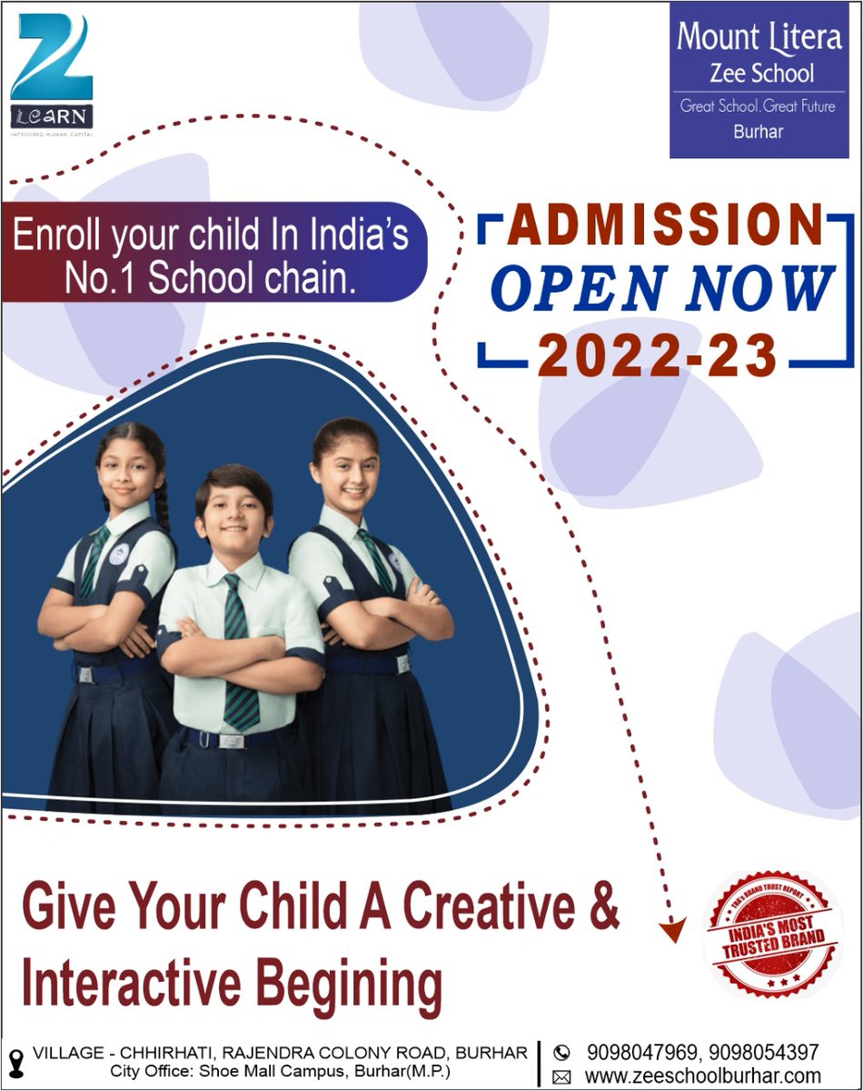 MLZSBurhar's tweet photo. Your kids deserve the best education.
#AdmissionOpen in #MLZSBurhar Mount Litera Zee School #Burhar, Distt. #Shahdol (M.P). Best place to nurture young minds in India's #1 leading school. https://t.co/3bLlM6jWWy