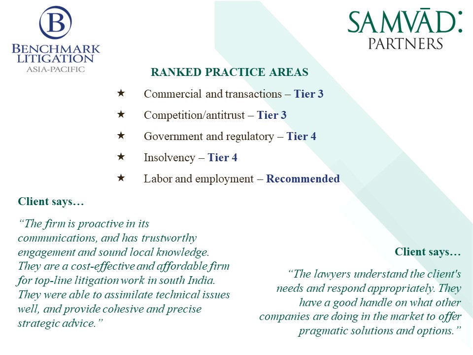 PartnersSamvad's tweet image. We are pleased to announce that our firm has been highly ranked in 5 practice areas in the rankings released by Benchmark Litigation Asia-Pacific 2022. 
 
lnkd.in/dkQ4FYYJ
 
lnkd.in/gZpfGSvk
lnkd.in/gjrBURAq
 
#litigation #futurestar #litigationstar #rankings