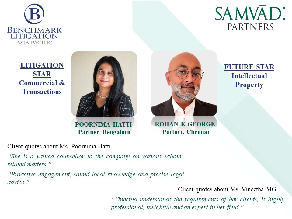 PartnersSamvad's tweet image. We are pleased to announce that our firm has been highly ranked in 5 practice areas in the rankings released by Benchmark Litigation Asia-Pacific 2022. 
 
lnkd.in/dkQ4FYYJ
 
lnkd.in/gZpfGSvk
lnkd.in/gjrBURAq
 
#litigation #futurestar #litigationstar #rankings