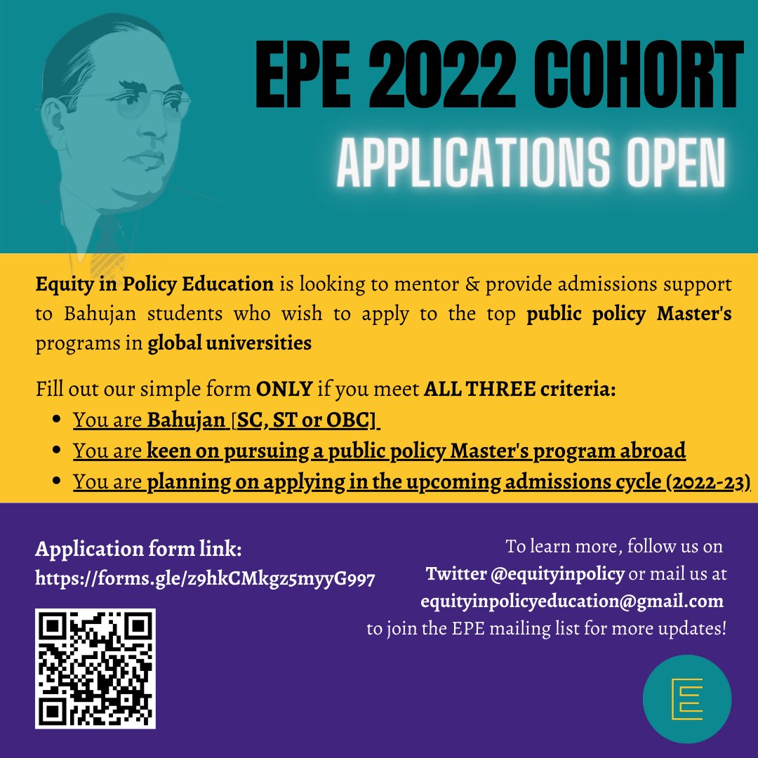 equityinpolicy's tweet photo. *EPE’S 2022 application deadline approaching*
If you are Bahujan (Dalit, Adivasi, OBC) & are planning to apply to a policy program abroad, please fill up the form by May 20th to be part of our 2022 cohort!
https://t.co/WJhshEstFT
#EquityInPolicyEd
#CasteEquity https://t.co/sNTCcFcabs