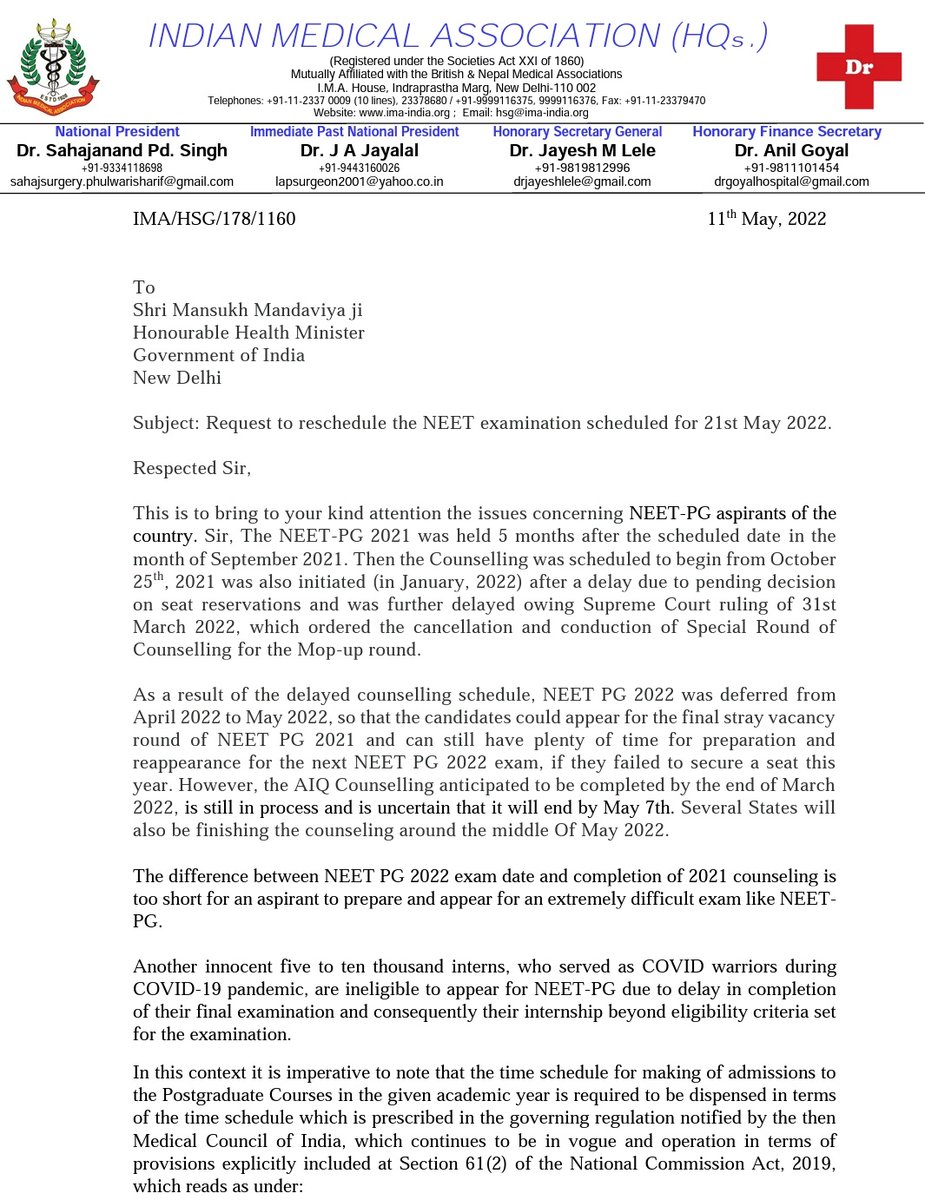 DRArunGarg1's tweet photo. Thank you @IMAIndiaOrg for standing with genuine demands of #NEETPG Aspirants! 

देर आए दुरुस्त आए! 

@PMOIndia @OfficeOf_MM Now the largest association of Doctors has requested for postponement of #NEETPG! 

#POSTPONENEETPG2022
@FAIMA_INDIA_ @DrRohanKrishna3 
@docraviw @rda_rml https://t.co/QOX0N1dDp5