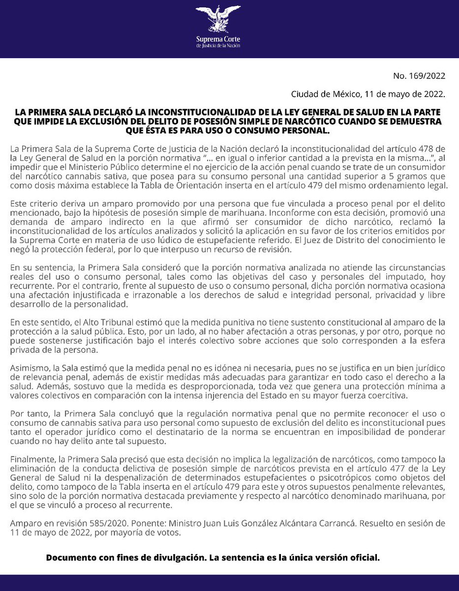 SCJN's tweet photo. #ComunicadoSCJN
 
La Ley General de Salud es inconstitucional en la parte que impide la exclusión del delito de posesión simple de marihuana cuando se demuestra que ésta es para uso o consumo personal: #PrimeraSala

🔗 https://t.co/HYxzntKdFF https://t.co/sgrq7z64CD