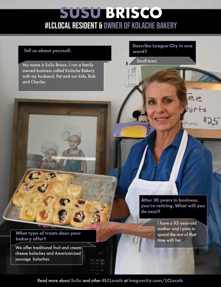 LeagueCityTX's tweet photo. Meet SuSu Brisco, longtime owner of Kolache Bakery, and today's #LCLocal! We're sad to see the Brisco family go, but we're making sure to fill up on kolaches before this sweet family business retires!
Find out about the Kolache Bakery history at https://t.co/fZJmwXDk1A https://t.co/dDHDs5jnXu