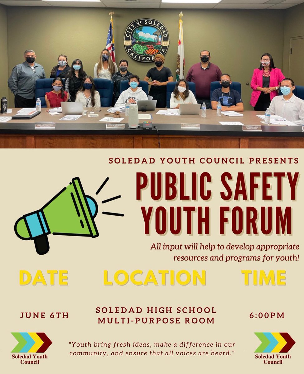 Mark your calendars! The Soledad Youth Council invites you to attend our Public Safety Forum! Join the conversation! Be apart of the development of resources and programs to keep our youth safe! We look forward to seeing you there ⭐️!