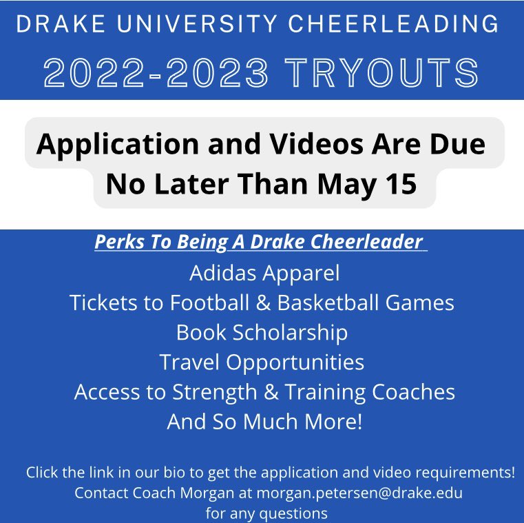 DrakeUCheer's tweet photo. Tryout videos and application are due by Sunday! https://t.co/p4KkpIoRpG https://t.co/NdomyL0jm3