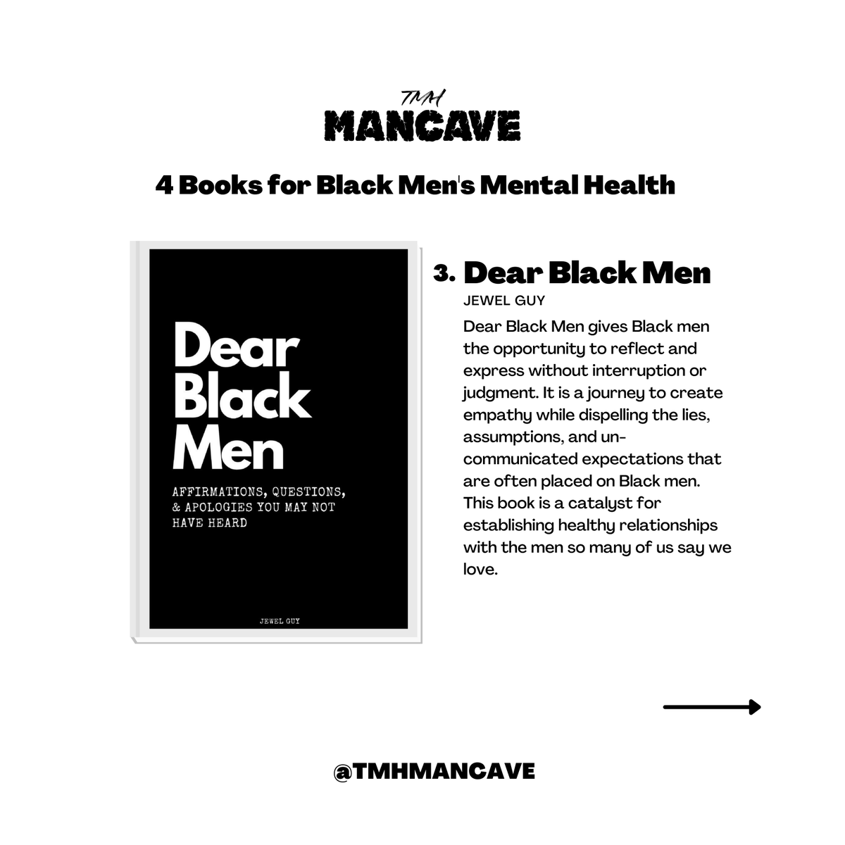 TMHMANCAVE's tweet photo. May is Mental Health Awareness Month! 👏🏾 
Ready to take that social media break you've been contemplating? 👀
Here are 4 books we recommend for Black men’s mental health!👍🏾📚  
#tmhmancave #blackmenmatter #communityfirst #letsheal #MentalHealthAwarenessMonth https://t.co/RXlpqwpbHT