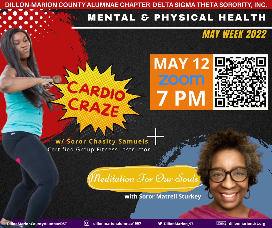 Join us for our May Week 2022 Physical and Mental Health workshop!  
REGISTER NOW!!!!! then grab your workout gear, hydration bottle, and exercise mat for Cardio Craze following Meditation For Our Souls.
Scan the QR code to register or click  us06web.zoom.us/meeting/regist…