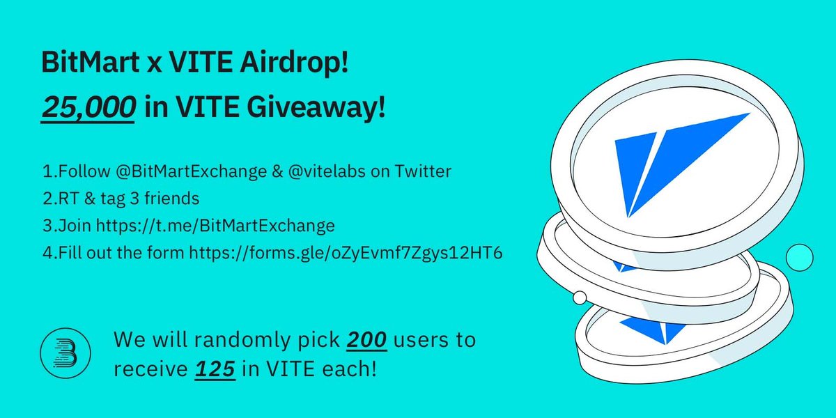 🥳To celebrate the listing of Vite(VITE), we’re giving 25,000 VITE away to 200 lucky winners!
 
1⃣Follow <a href="/BitMartExchange/">BitMart</a> &amp; <a href="/vitelabs/">Vite Labs 🏃🏻‍♂️</a> on Twitter
2⃣RT &amp; tag 3 friends
3⃣Join t.me/BitMartExchange
4⃣Fill out: forms.gle/obYvB2LN5rdjKG…
 
⏱️ Enter by 11:59 PM EST May 15, 2022