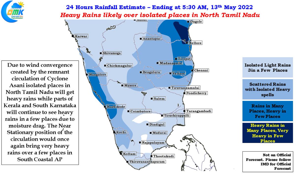 ChennaiRains's tweet photo. #CycloneAsani weakened into Deep Depression after landfall over #Andhrapradesh coast yday. The remnant circulation is likely to bring intense #Thunderstorms over 1 or 2 places in N. #Tamilnadu. Good chance for #Chennai and suburbs to get a good spell of #Rains later tonight #COMK https://t.co/NVN53kkN8l