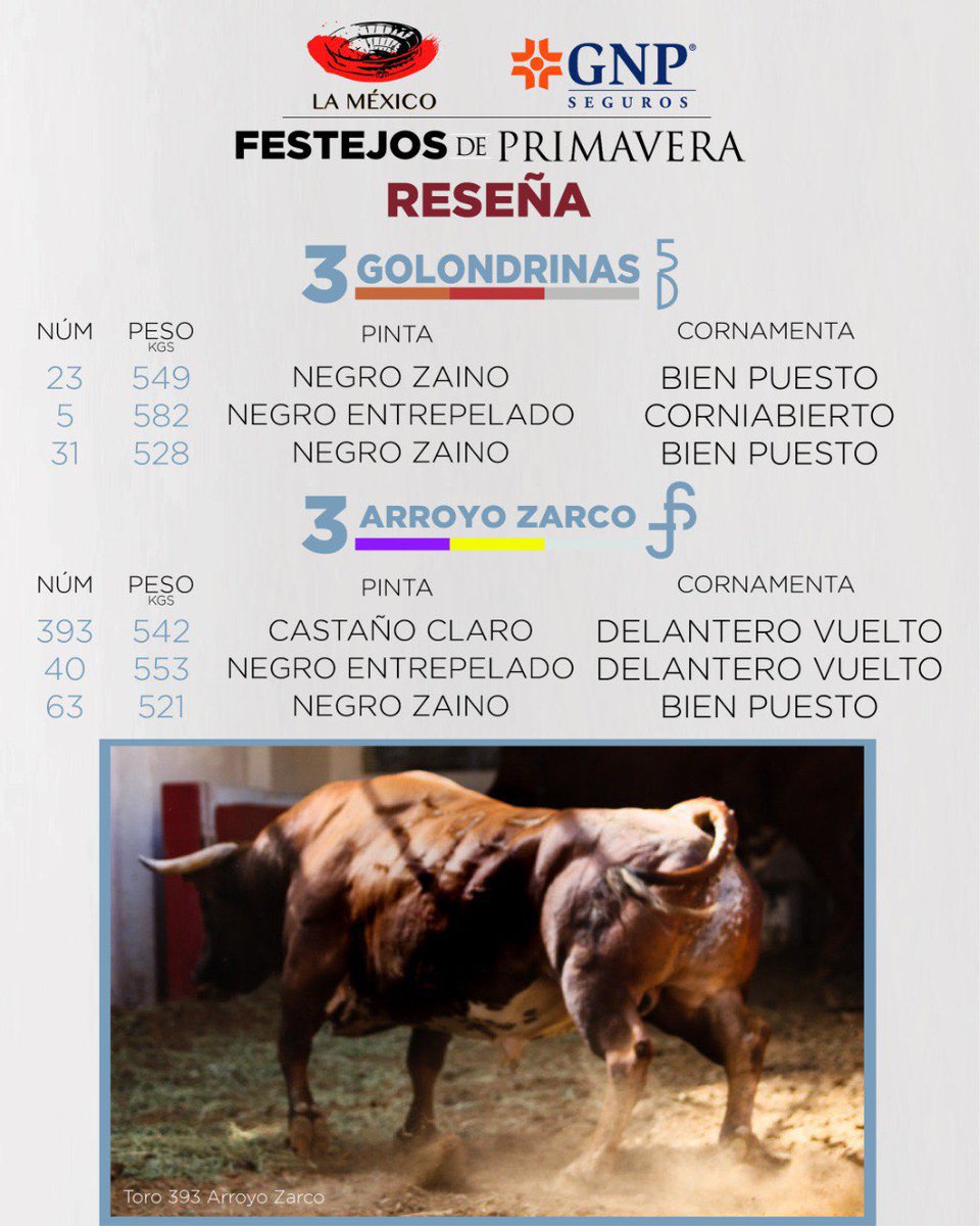 LaPlazaMexico's tweet photo. 🧾Los toros de Golondrinas y Arroyo Zarco ya han sido reseñados.
🐂Presentamos la reseña de la corrida de este Domingo en #lamexico 
#festejosdeprimavera 🌼🌸
💥En La México #soymonumental https://t.co/pzoTCqaPaL