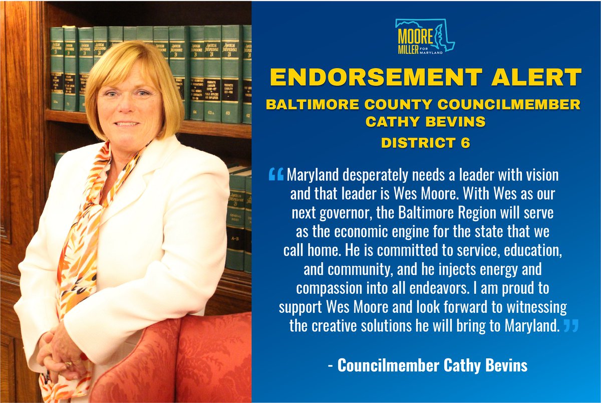 Our coalition grows in #BaltimoreCounty! <a href="/CathyCouncil6/">Cathy Bevins</a> and I know that the Baltimore Region is a core part of our state reaching its full economic potential. We’ll work together to increase opportunity in the Baltimore Region and across Maryland. #MooreForMaryland