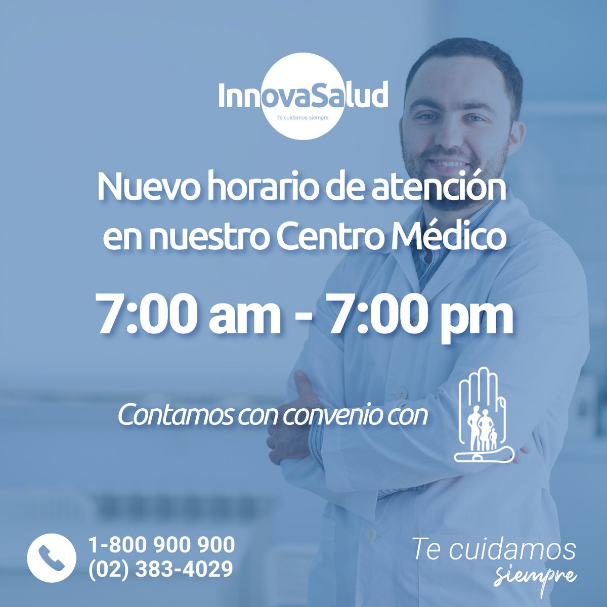INNOVASALUDSA's tweet photo. En InnovaSalud #TeCuidamosSiempre , por eso hemos extendido nuestro horario de atención 💙 de 7:00 am a 7:pm, de lunes a domingo👩‍⚕️ 

Te esperamos con el mejor personal médico de especialidad en el Centro Comercial Ventura Mall. 📌

Tenemos convenio con el IESS 🩺

#centromedico https://t.co/6ZCWDTNmP6