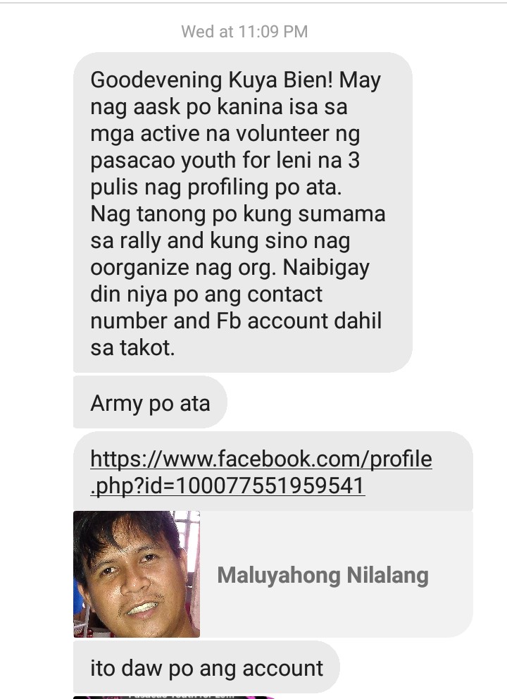 TitoTok88's tweet photo. I have received reports from #PasacaoYouthForLeniKiko that some people came to ask about their attendance to the May 6 rally. They claimed to be part of the army. 1/n https://t.co/unHH2iE4nf