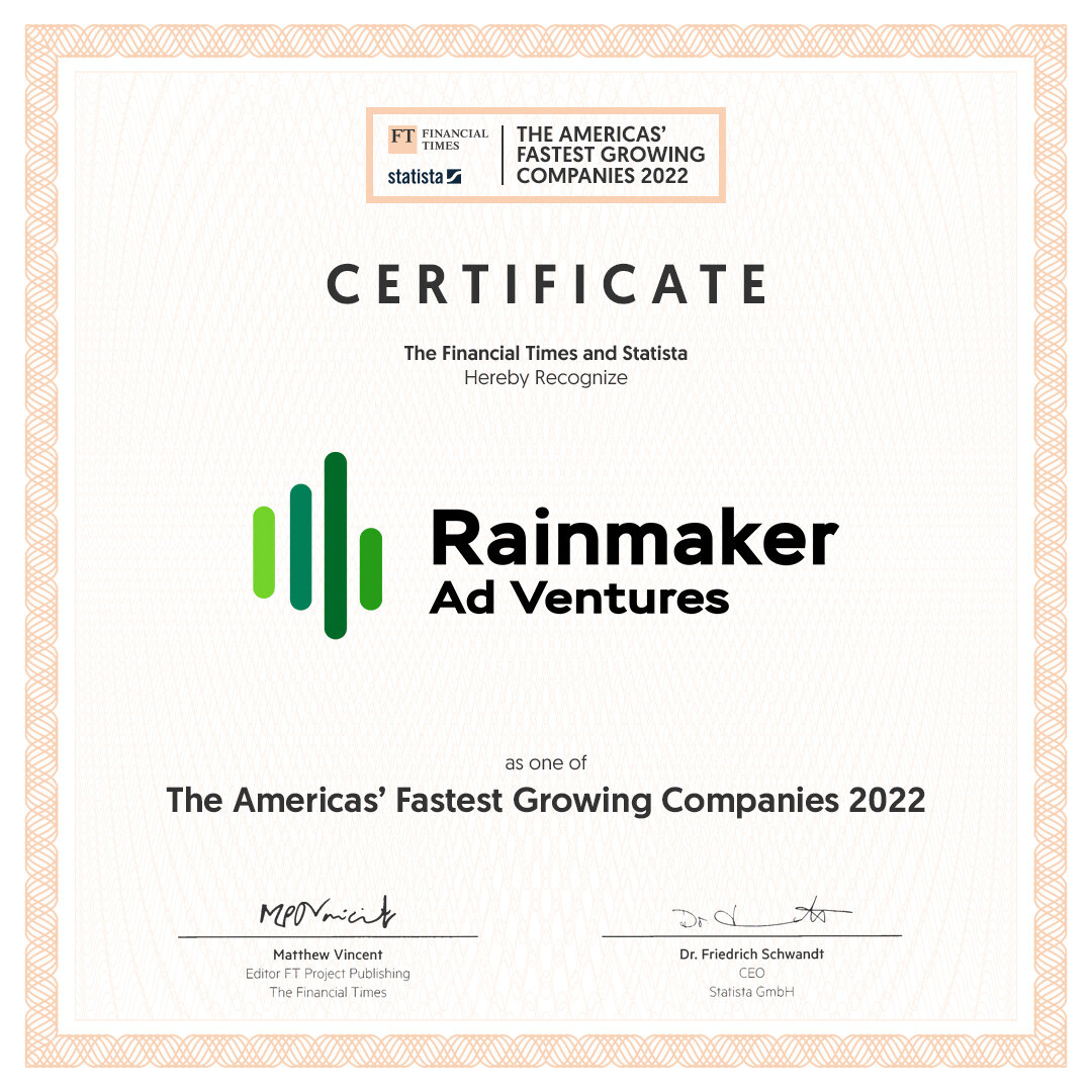 rainmakerav's tweet photo. We're honored to be a part of the @FinancialTimes 2022 list of Americas' Fastest Growing Companies! A huge thank you to our clients for trusting us to help grow your businesses and to our amazing team of Rainmakers who are the foundation for all our success! 🌧️💰💯 #RainmakerAV https://t.co/9bWxFE3p0o