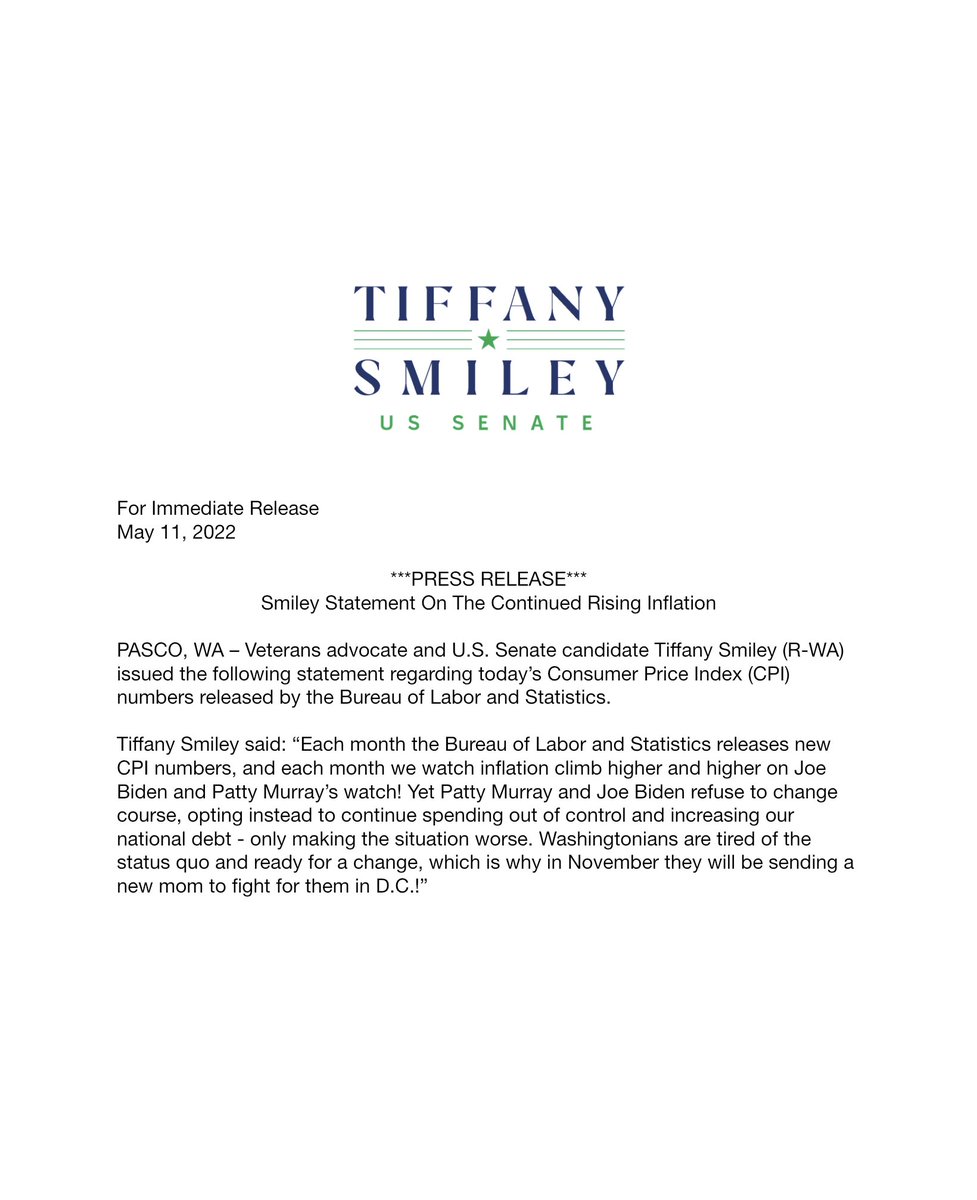 TiffanyMSmiley's tweet photo. Democrats refuse to change their spending habits to ease inflationary pressures, despite more and more financial experts warning of a possible recession. The hard working families of Washington are tired of the status quo and will be voting for change in November! https://t.co/5IfzAaH1aY