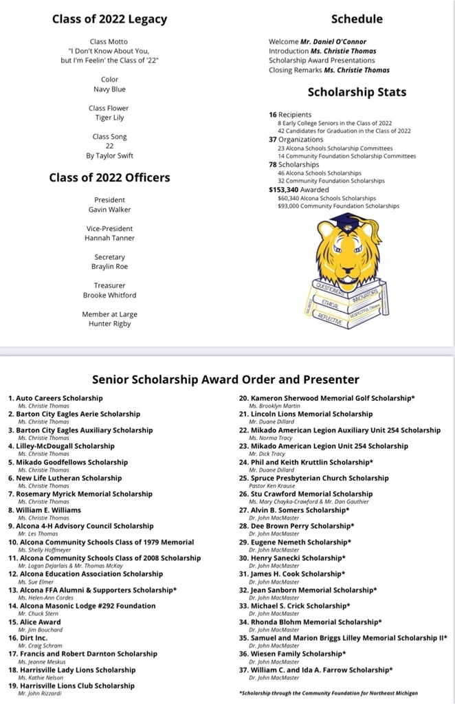 AlconaTigers's tweet photo. Congratulations to the Class of 2022! This evening at our Senior Awards Night 37 organizations presented 78 scholarships to our seniors, with a total of $153,340 awarded for continuing education and career readiness. Thank you to our generous community for making this possible! https://t.co/oZxnASWupg