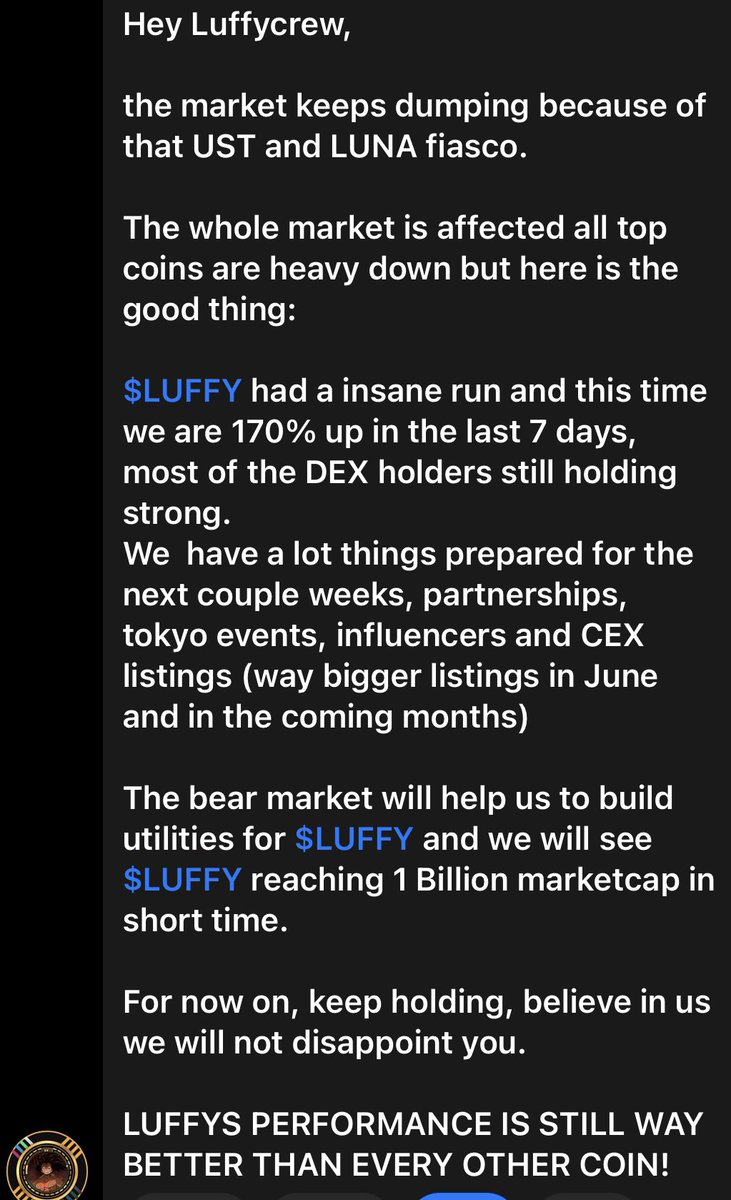luffyinutoken's tweet image. A message from our Captain Terry!

Keep holding - the market is crashing but the #LUFFYCREW is holding strong.

Excited weeks are coming!

$LUFFY #LUFFYTOKEN $LUNA $UST #LUFFY