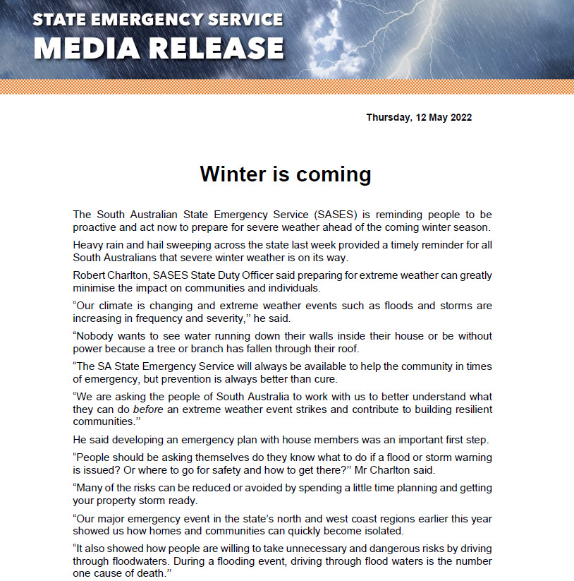SA_SES's tweet image. Winter ☔ is coming. Act now to prepare for severe weather ahead of the coming winter season.

🌲Trim trees or branches that overhang buildings
🏠 Inspect and fix any damage to your roof
💧 Check your gutters, downpipes &amp;amp; drains are clear

Full story: ses.sa.gov.au/data/21830/win…