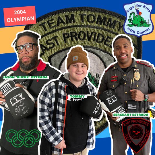 Sgt. Estrada presented Tommy with a pair of signed boxing gloves from his brother, Jason “BigSix” Estrada. Jason was a former USA Olympic boxing team member ! There is still time to donate for Sgt.’s Estrada and Caldwell’s ten mile run for <a href="/CopsForKids1/">CopsForKidsWCancer</a> <a href="/Newport10Miler/">BankNewport Ten Miler</a>