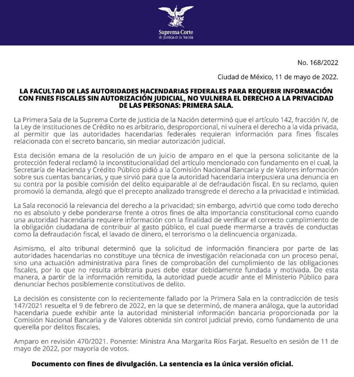 IvanZeferin's tweet photo. Resuelto el amparo en revisión 470/2021. La SHCP podrá pedir a la Comisión Bancaria información del secreto bancario, sin mediar orden judicial. Habrá que ver cómo retoma el Máximo Tribunal esta postura, cuando la solicitante del secreto bancario sea la fiscalía. https://t.co/ka5VLrqE1T