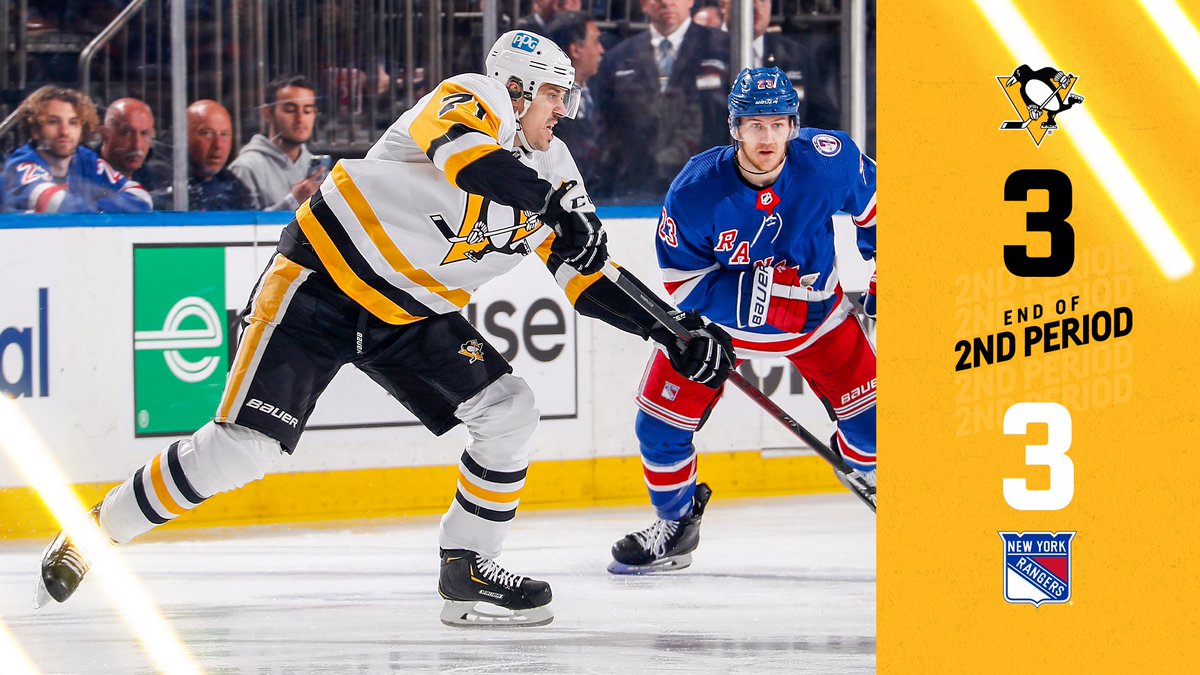 penguins's tweet photo. We're tied at 3-3 heading into the final frame.

🚨: Guentzel (2), Letang, Fox, Lafrenière, Trouba https://t.co/rNA8cGiIDy