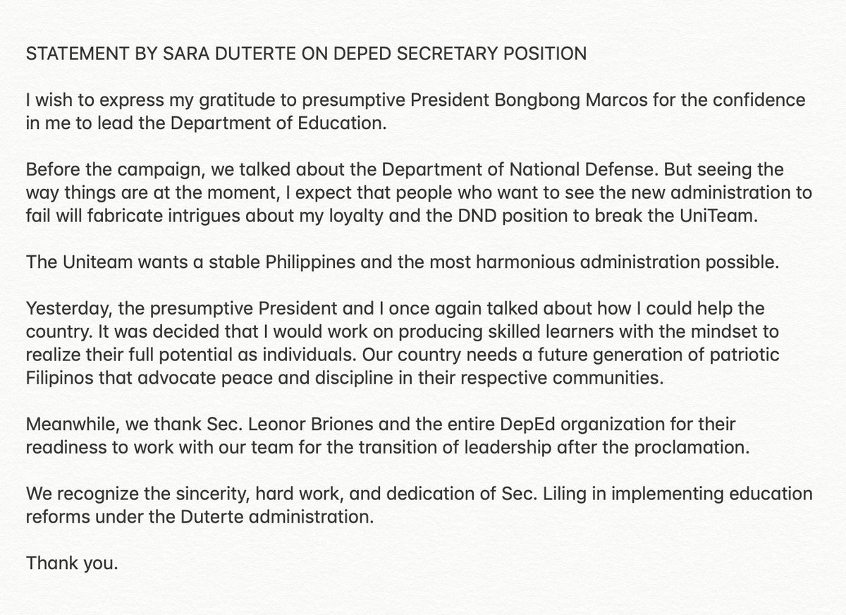 ANCALERTS's tweet photo. READ: Davao Mayor Sara Duterte on accepting presumptive Pres. Ferdinand "Bongbong" Marcos, Jr.'s offer for her to lead the Department of Education | via @InaReformina https://t.co/KOJb1LkB3C