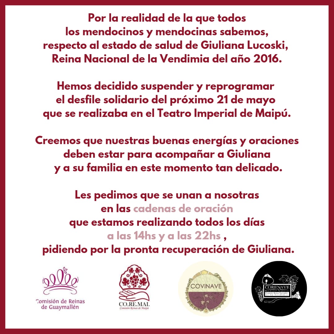 #DesfileReal
Por la situación de público conocimiento sobre el estado de salud de Giuliana Lucoski, hemos decidido REPROGRAMAR el Desfile Solidario... para poner todas las energías y oraciones en su pronta recuperación. 
Sigamos enviando nuestras buenas intenciones para Giuli! ♥️
