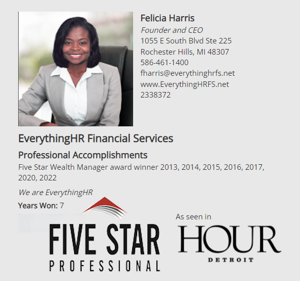 FeliciaHarrisHR's tweet photo. I'm honored to have been named a Five Star Wealth Manager winner for the 7th time and be featured in @Hour_Detroit Magazine.
Read More... 
https://t.co/LcIaSO5z6a

#financialadviser #wealthmanager #financialservices #everythinghr https://t.co/PgOeHkaGTU