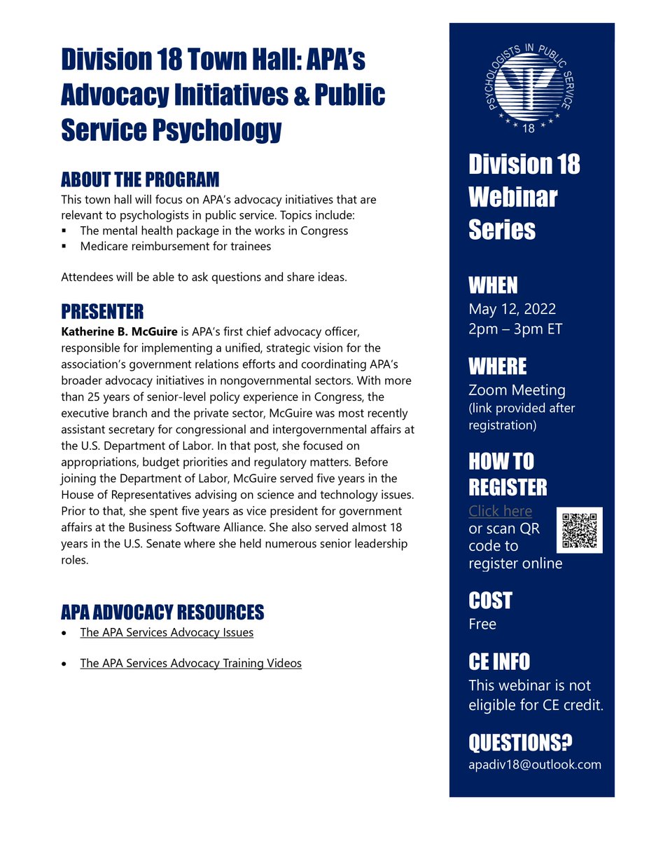 apadiv18's tweet photo. Division 18 Town Hall: APA’s Advocacy Initiatives & Public Service Psychology
Please join us for this Town Hall on May 12th, 2022 at 2pm EST
#APADiv18 #TownHall #Advocacy #Division18 #APA #Medicare https://t.co/HymlZSkm7M