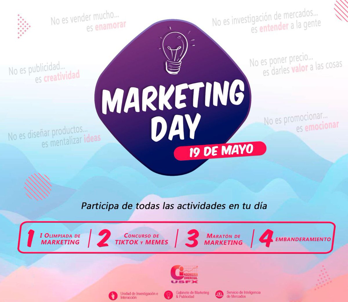 IngComUSFX's tweet photo. ¡ *Sabemos que a los mercadólogos nos gusta asumir retos* !🙋🏻‍♀️🙋🏻‍♂️🙋🏻‍♀️🙋🏻‍♂️
Ha llegado el momento de mostrar tu creatividad y conocimiento! 🧐😎👩🏻‍🎓👨🏻‍🎓.
Revisa con atención las convocatorias para celebrar nuestro gran día🥳.
#ingcomercial
#19deMayo
#DiaDelMercadologo.
#AsumeElReto https://t.co/VYB8wZqcod