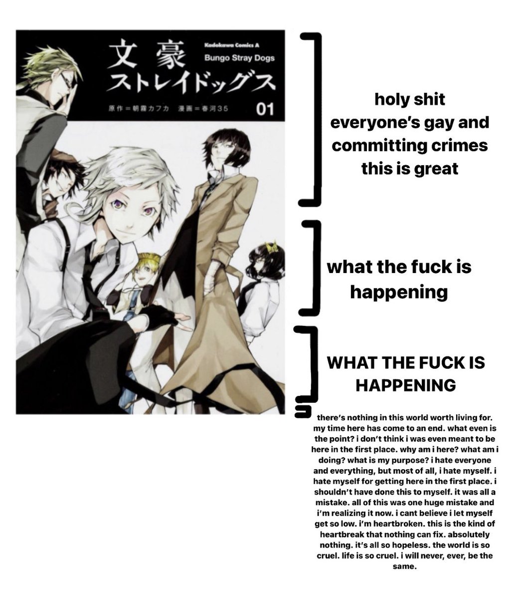 nagumology's tweet image. here’s your guide to the bsd manga. if you’re considering reading it, don’t.