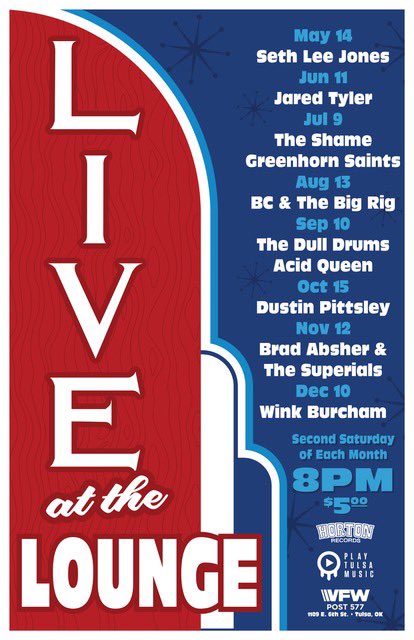 MONTHLY MUSIC SERIES kicks off Sat 5/14 with #sethleejones at <a href="/TulsaVFW/">Tulsa VFW Post 577</a> (6th &amp; Peoria).  Early start 8pm • Free, ample, well-lit parking.  Thx to <a href="/TulsaFMAC/">TulsaFMAC</a> #playtulsamusic for helping out.