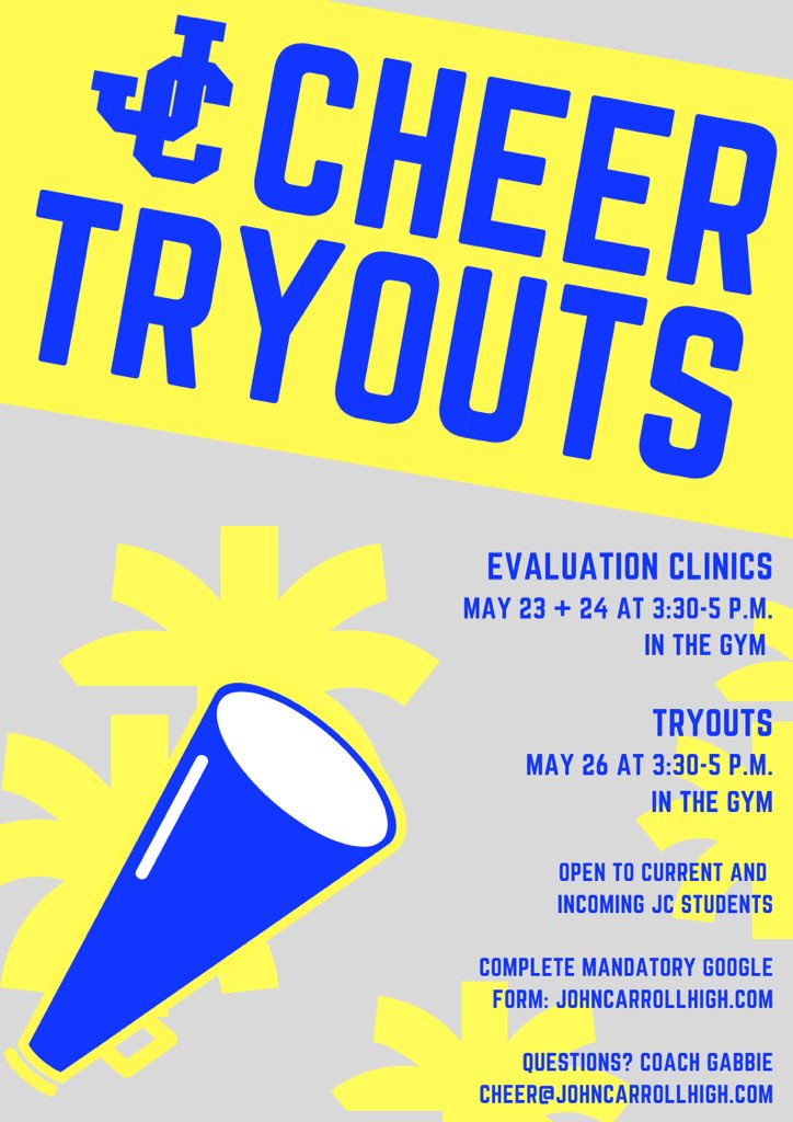 JohnCarrollHS's tweet photo. Cheer tryouts start May 23! Mandatory form to complete prior to tryouts: https://t.co/cm43ueBCpV 📣💙🌟 #jchsramfam #jchsathletics #jchscheer @StAnastasiaCS @SHCSVero @CoachGroody17 https://t.co/ievP8VHDsI